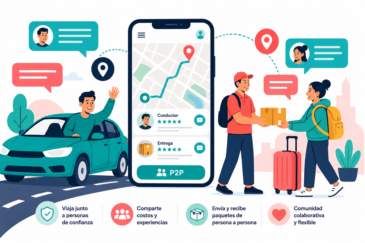 Ilustración del viaje: un teléfono con mapa, un conductor, un viajero y un envío conectados en la misma ruta